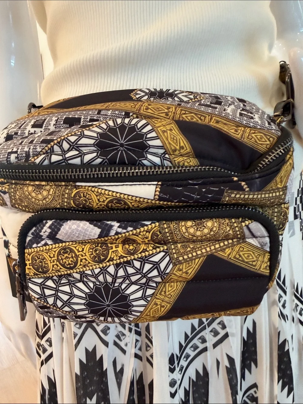 THINK ROYLN Black, White & Gold Patterned Belt Bag